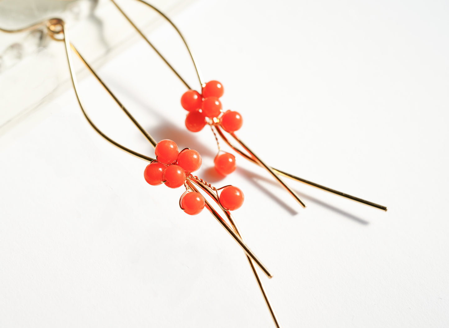 Japanese Red Coral Wavy Earrings in 14K Gold filled