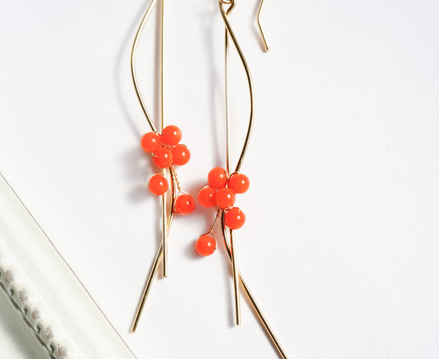 Japanese Red Coral Wavy Earrings in 14K Gold filled