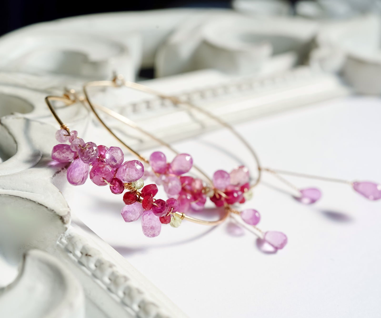 Pink Sapphire Japanese Cherry Blossom Gold Hoop, | Yukojewelry