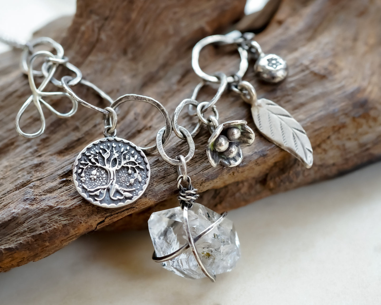 Herkimer Diamond with Tree of Life Charms Necklace