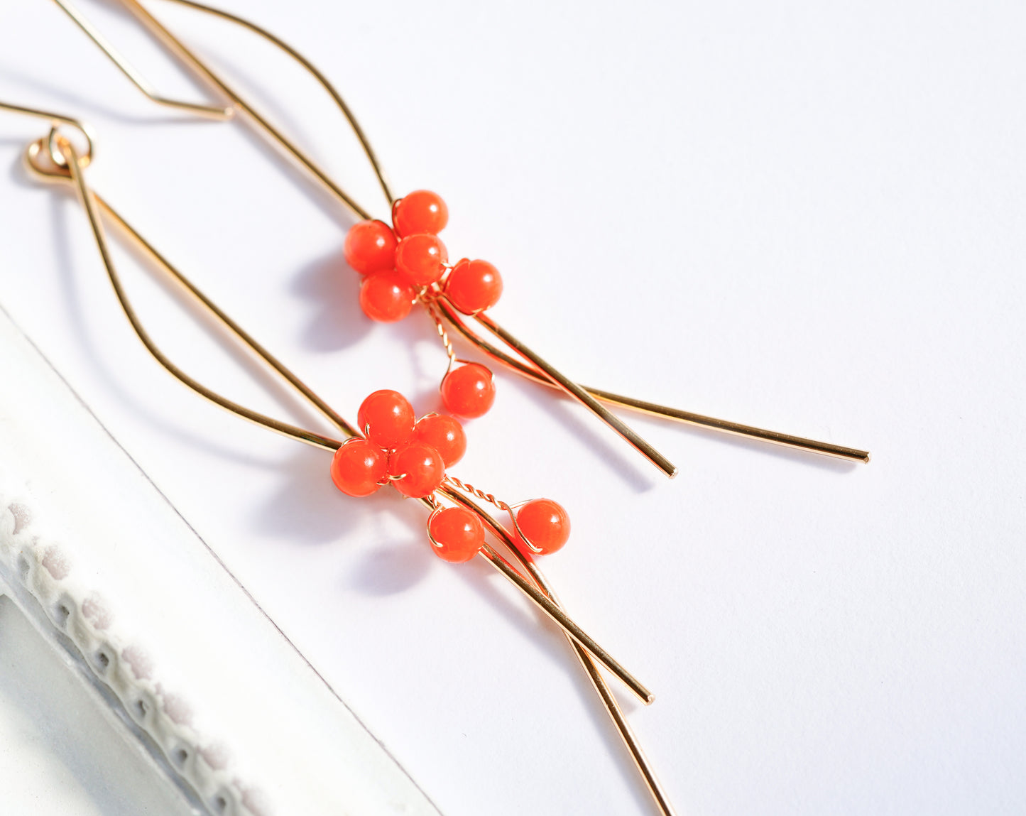 Japanese Red Coral Wavy Earrings in 14K Gold filled