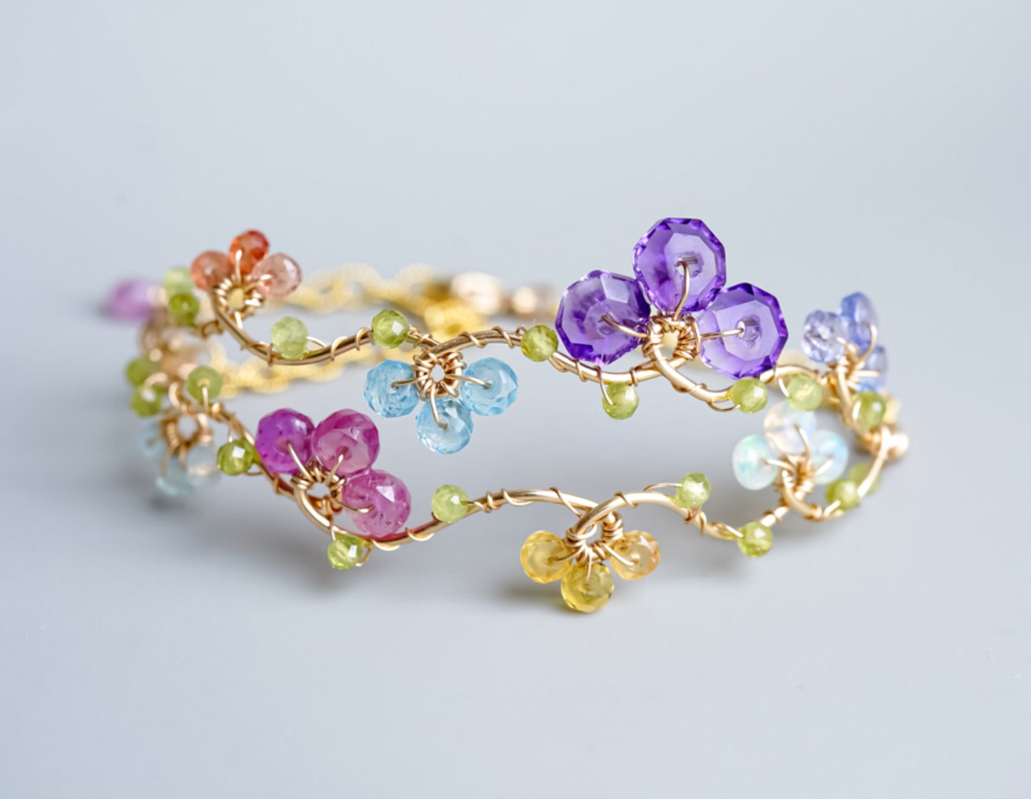 Multiple Gemstones Flower Vine Bracelet in 14K Gold filled