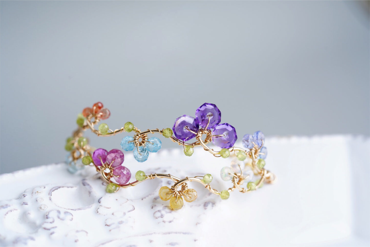 Multiple Gemstones Flower Vine Bracelet in 14K Gold filled