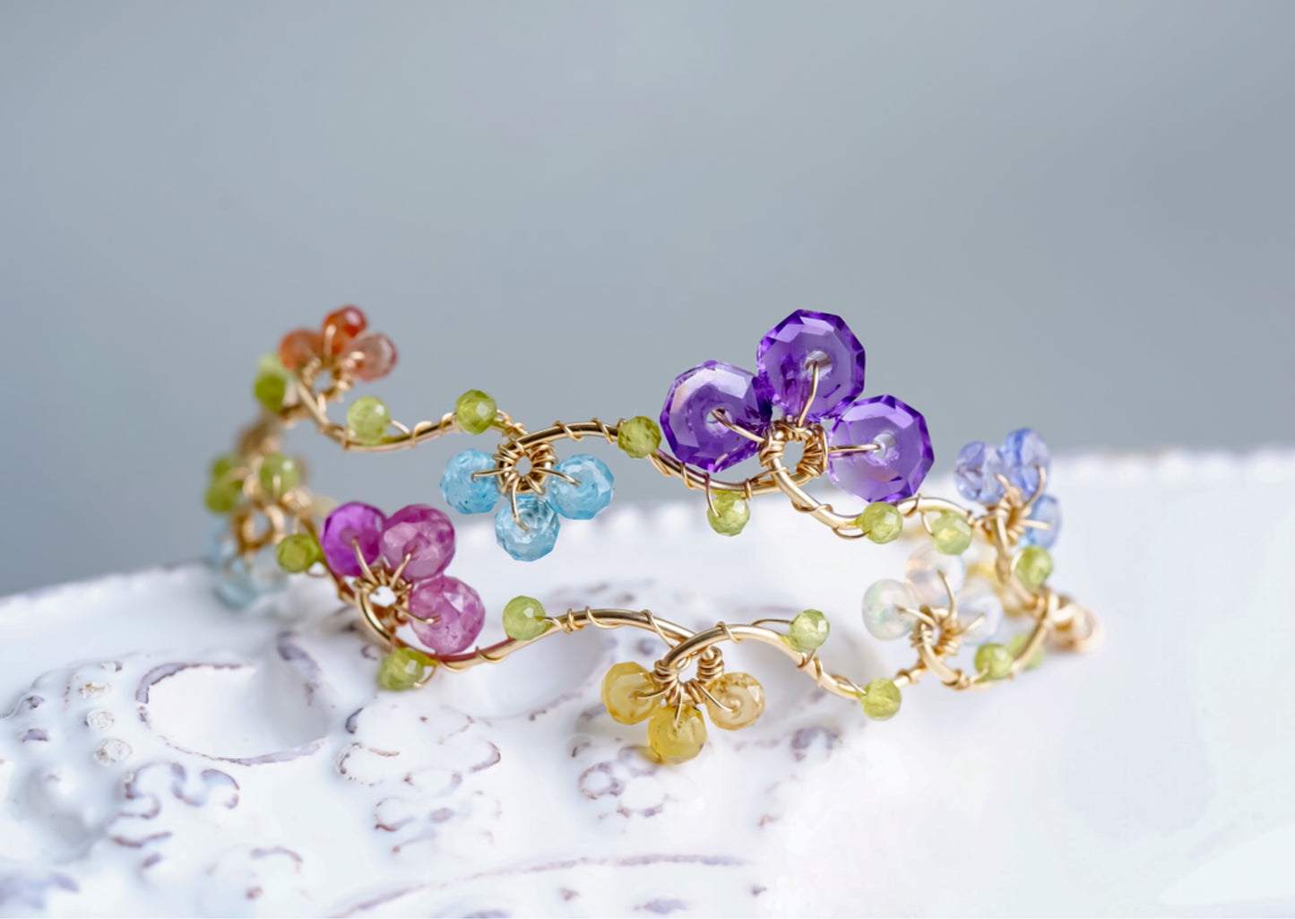 Multiple Gemstones Flower Vine Bracelet in 14K Gold filled