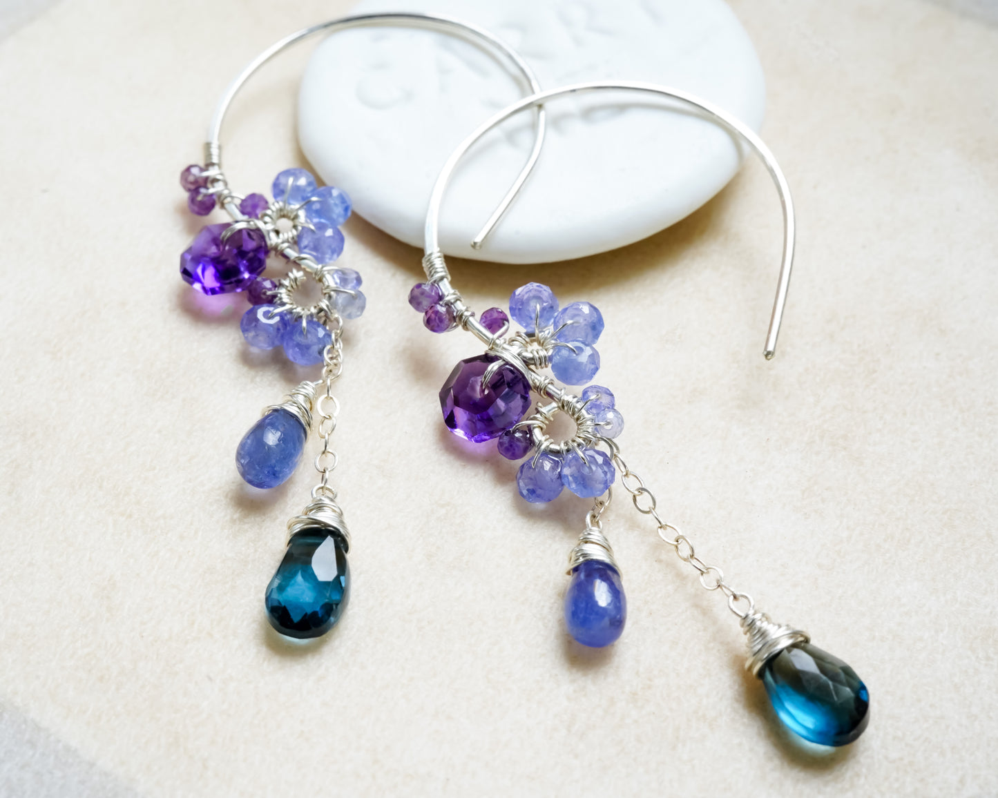 London Blue Topaz and Tanzanite Chandelier Earrings in Sterling silver