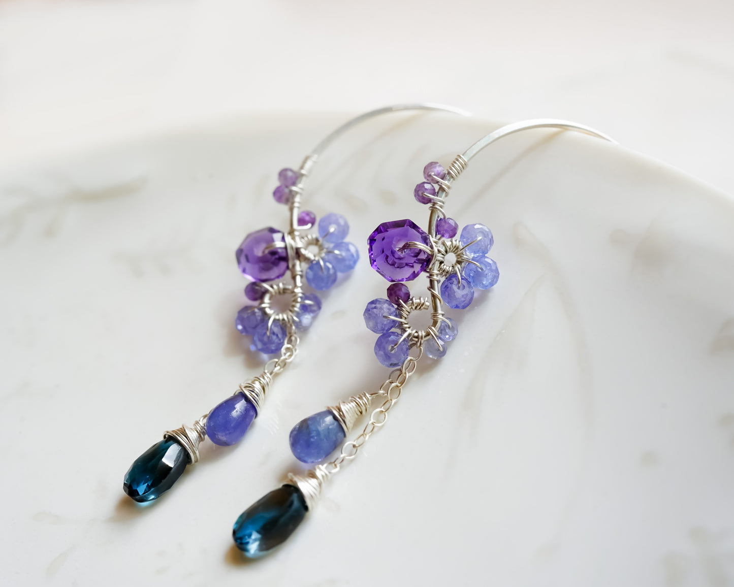 London Blue Topaz and Tanzanite Chandelier Earrings in Sterling silver