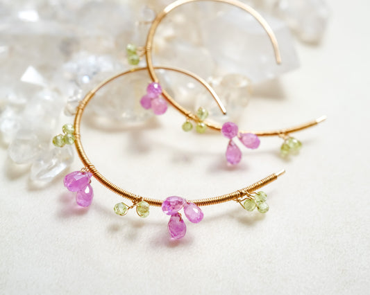 Lovely Pink Sapphire Flowers Spiral Hoop in Gold filled