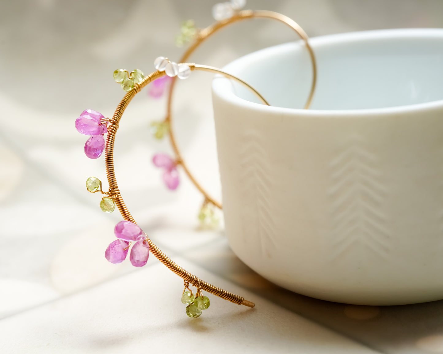 Lovely Pink Sapphire Flowers Spiral Hoop in Gold filled