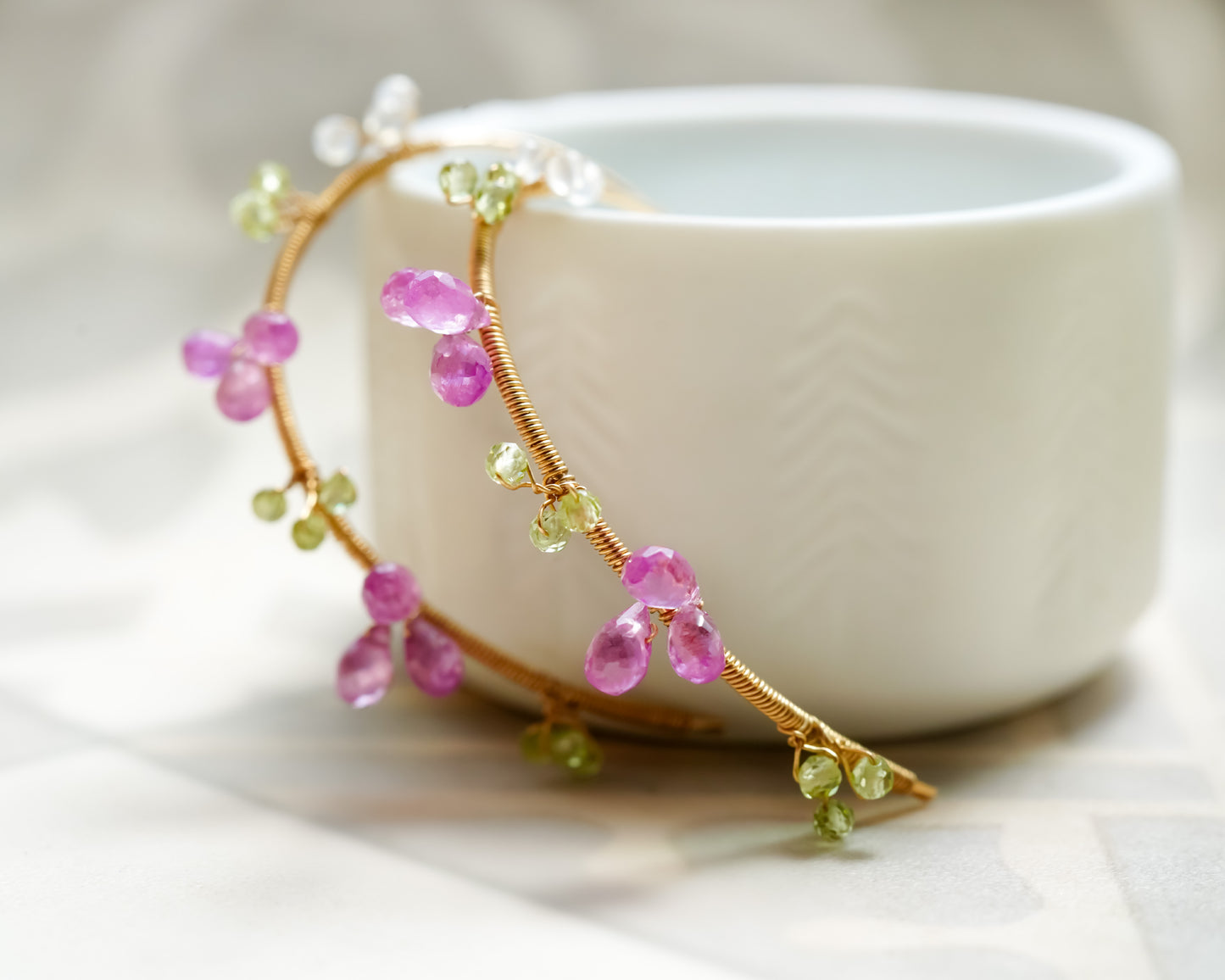 Lovely Pink Sapphire Flowers Spiral Hoop in Gold filled