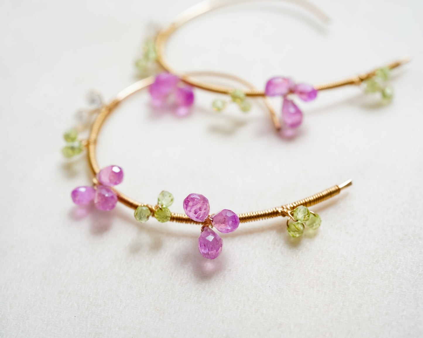 Lovely Pink Sapphire Flowers Spiral Hoop in Gold filled