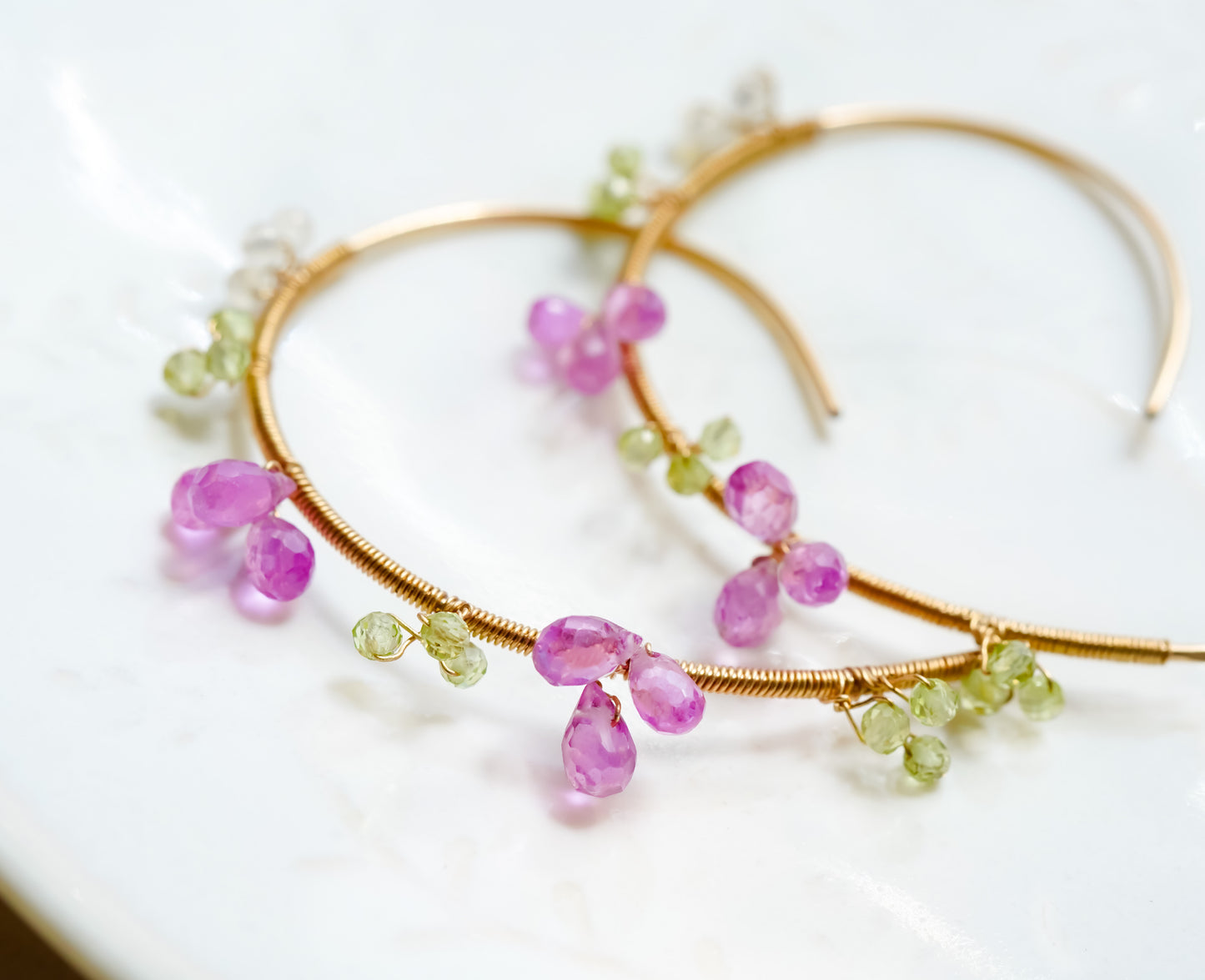 Lovely Pink Sapphire Flowers Spiral Hoop in Gold filled