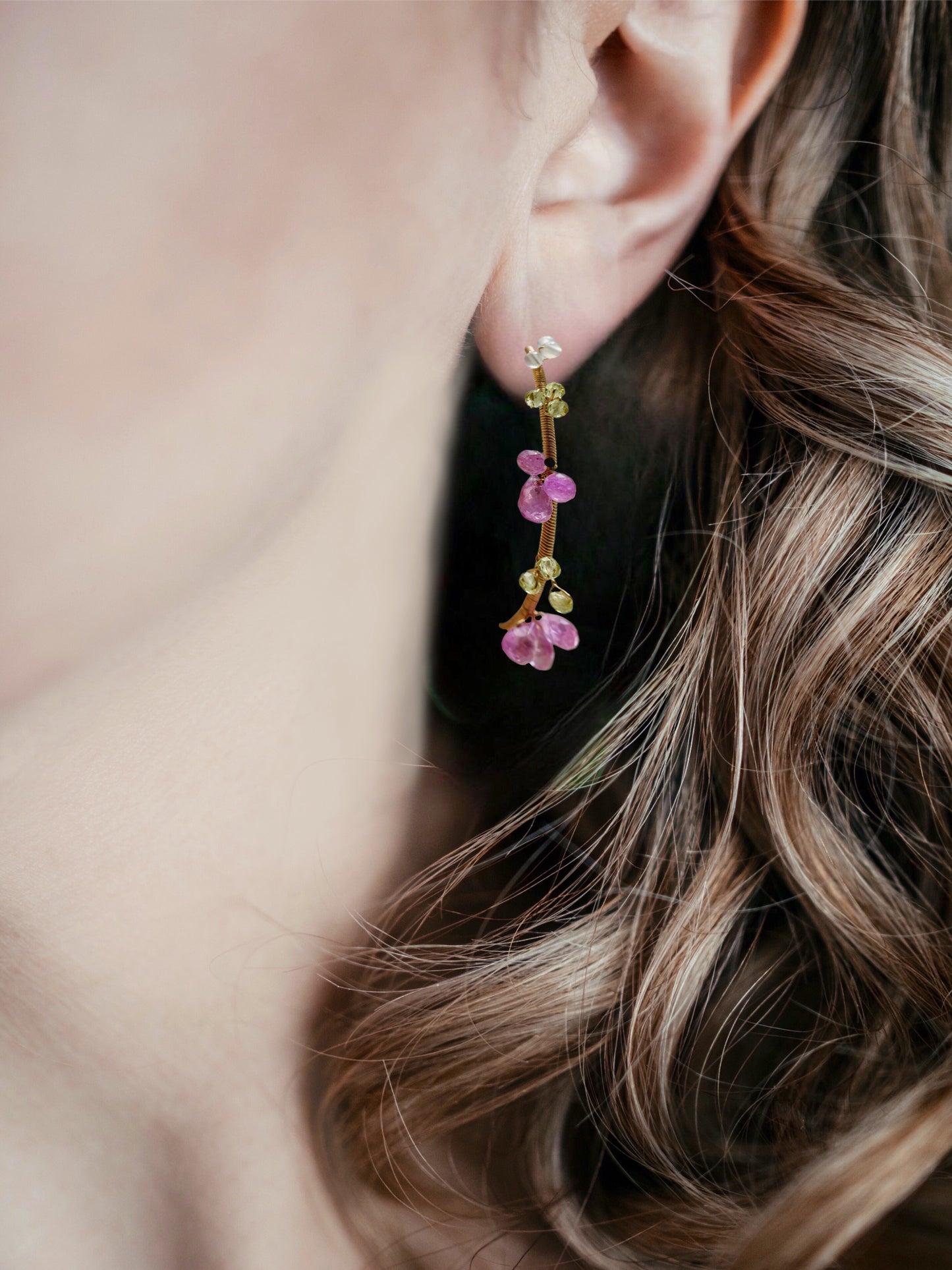 Lovely Pink Sapphire Flowers Spiral Hoop in Gold filled