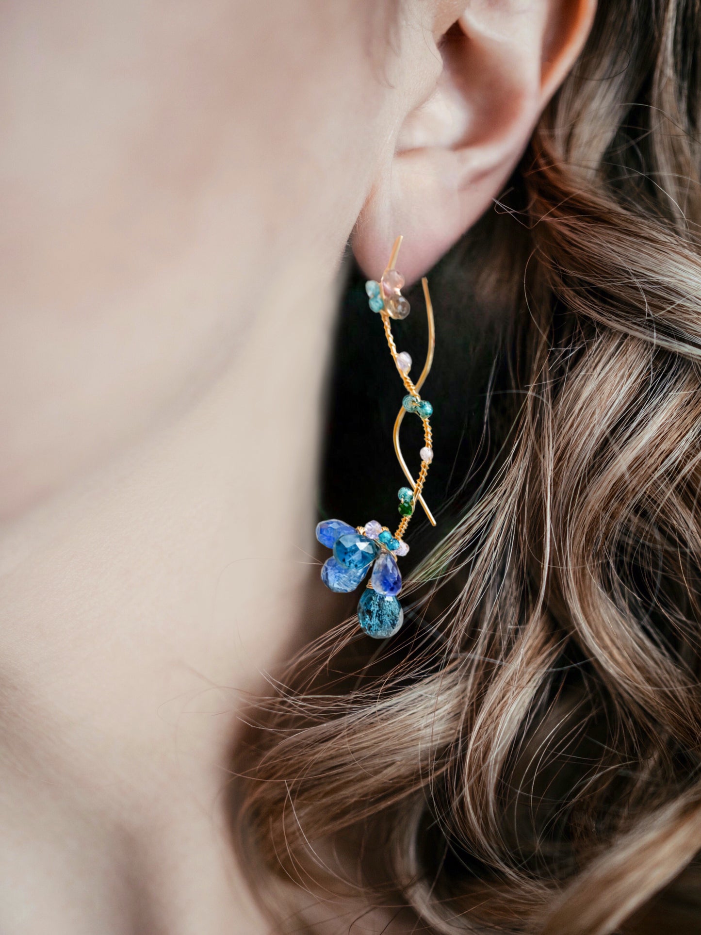 Teal Blue Kyanite Wavy Long Earrings