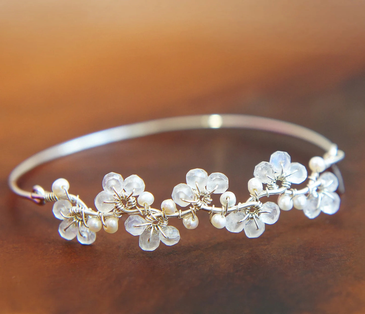 Moonstone White Flower Wedding Bangle Bracelet