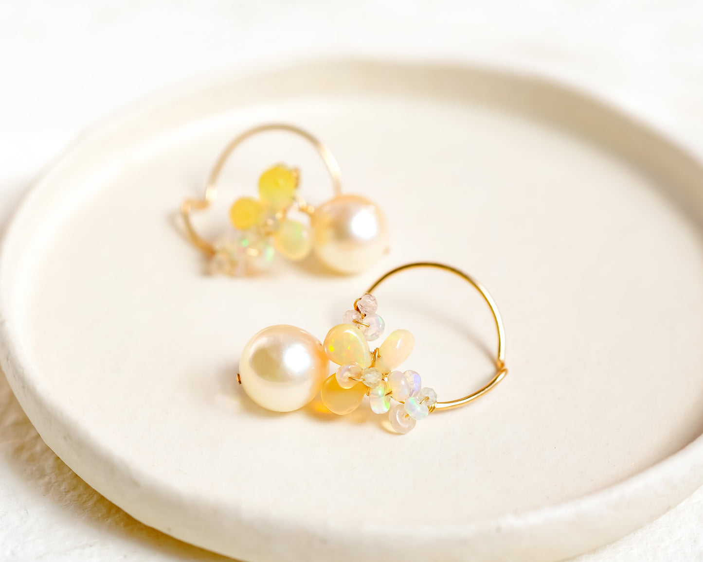 14K Gold Filled Fire Ethiopian Opal & Baroque Akoya Pearl Drop Earrings