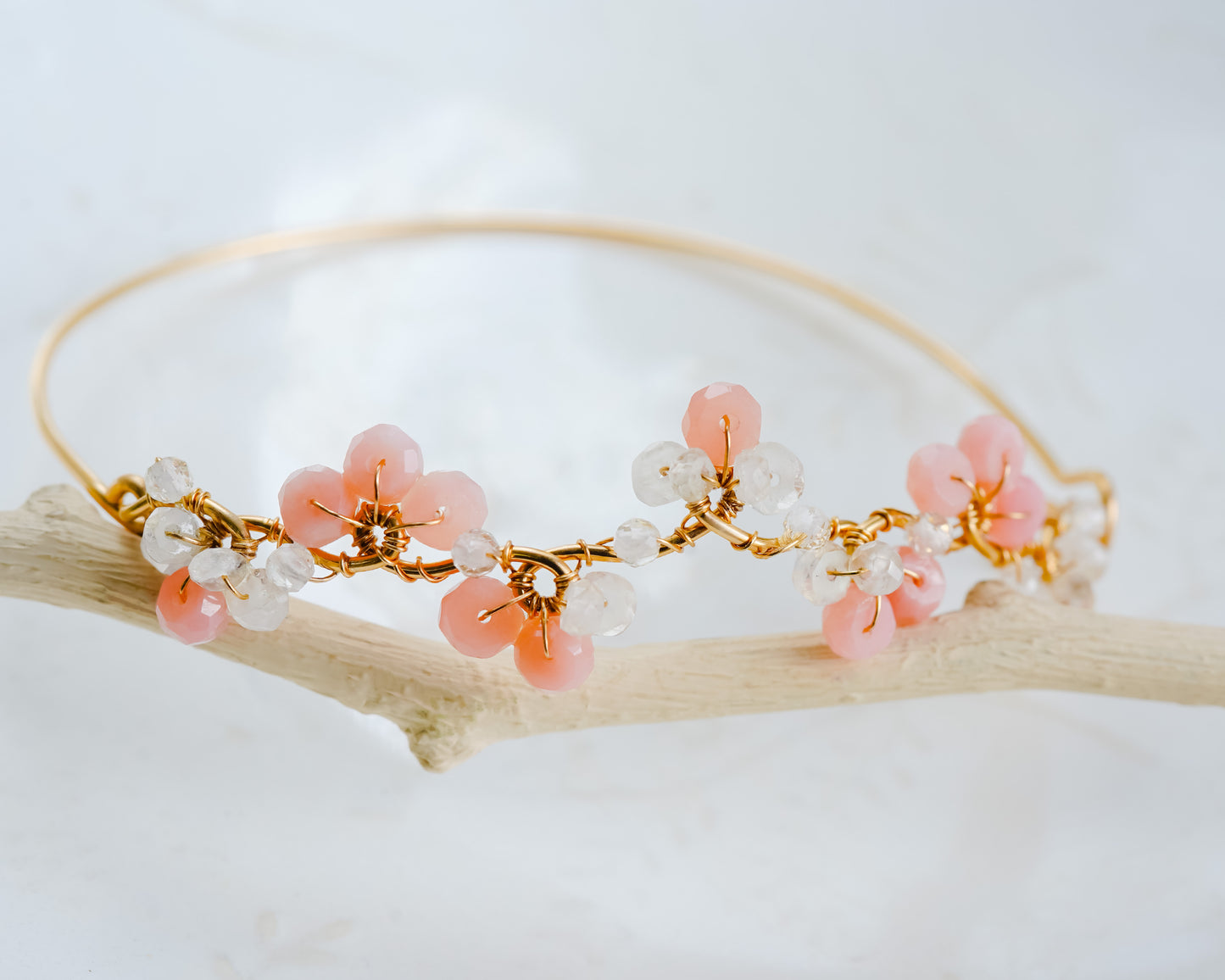 Pink Opal Floral Gold Wire Bangle