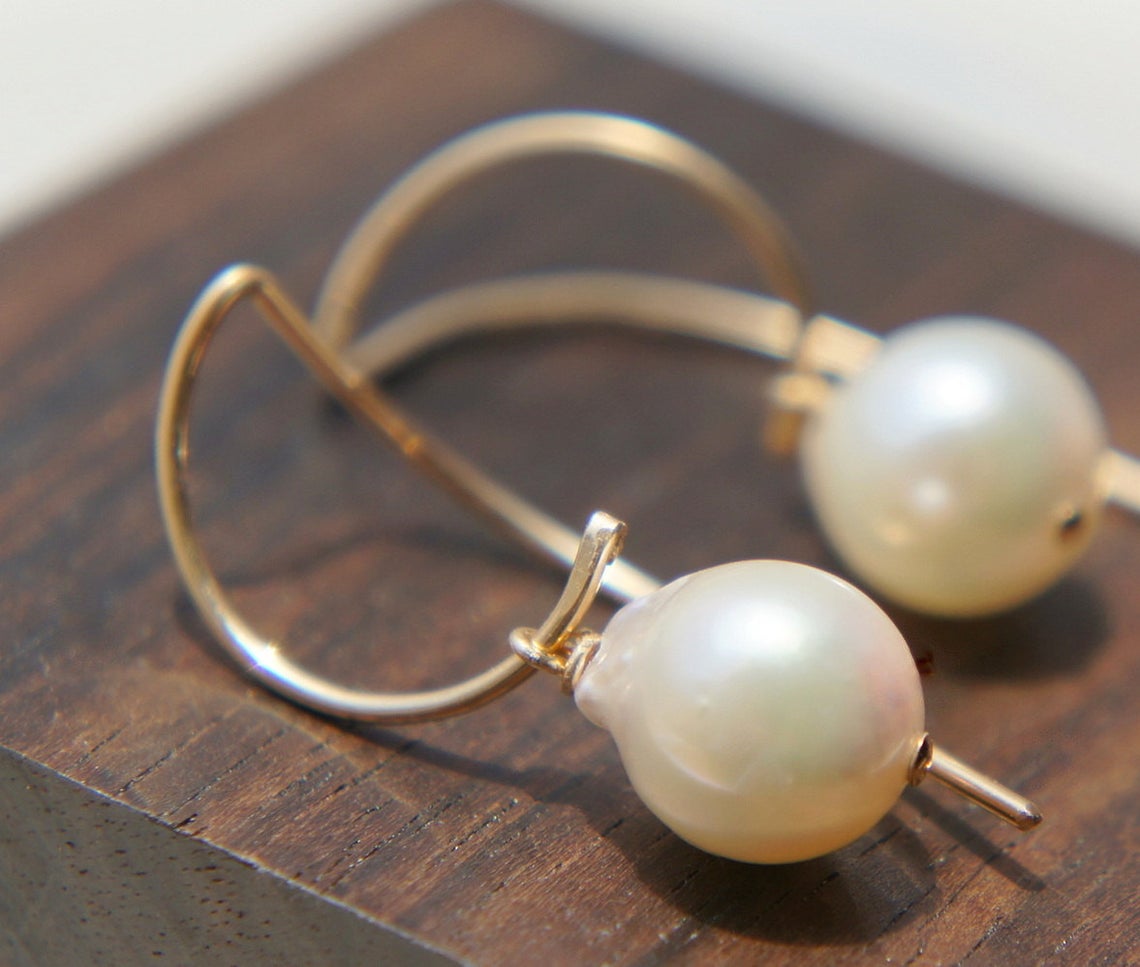 Modern Japanese Akoya Baroque Pearl Earrings in Gold filled