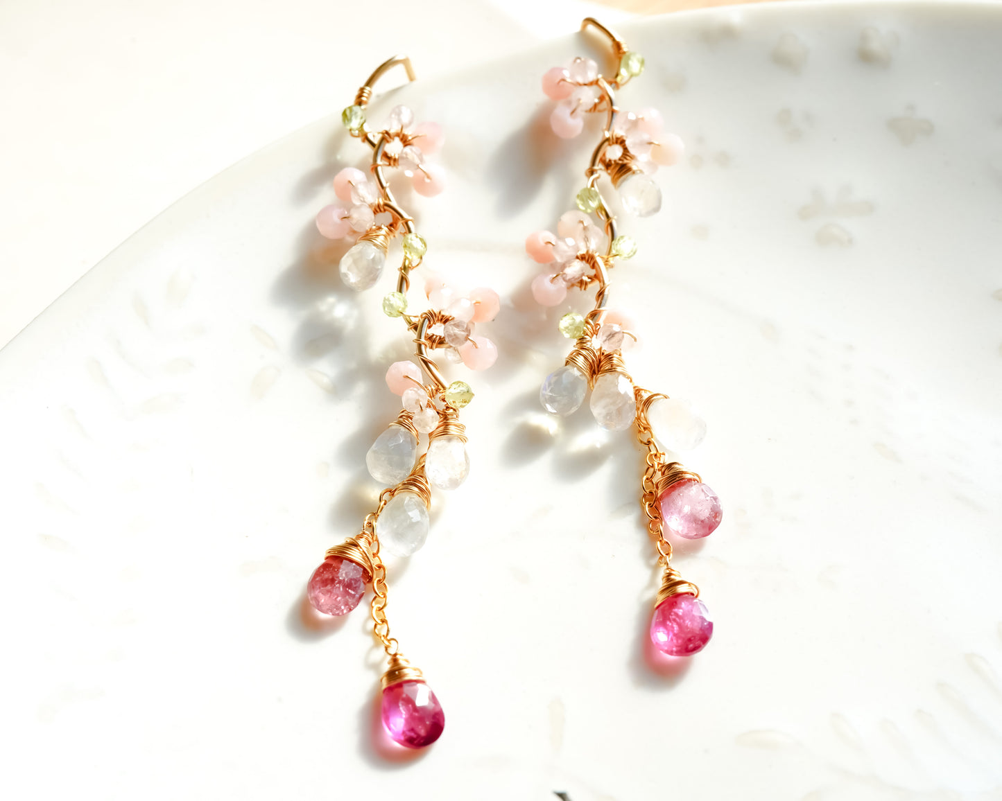 Pink Opal and Tourmaline Long Earrings in Gold filled