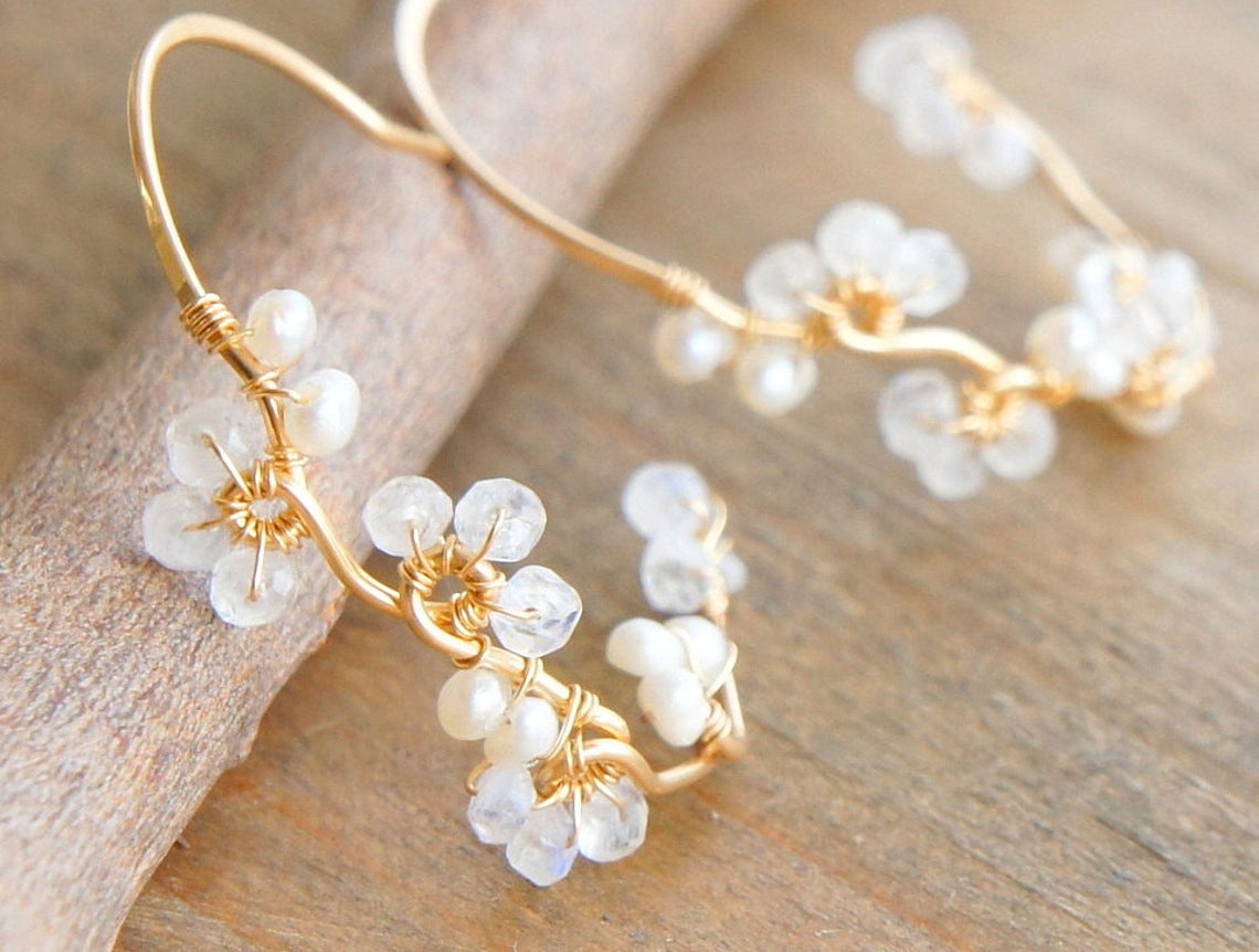 Moonstone and Pearl Vine Hoop Earrings