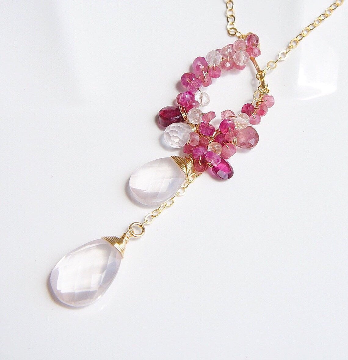 Pink tourmaline and Rose quartz Lariat Necklace in Gold filled