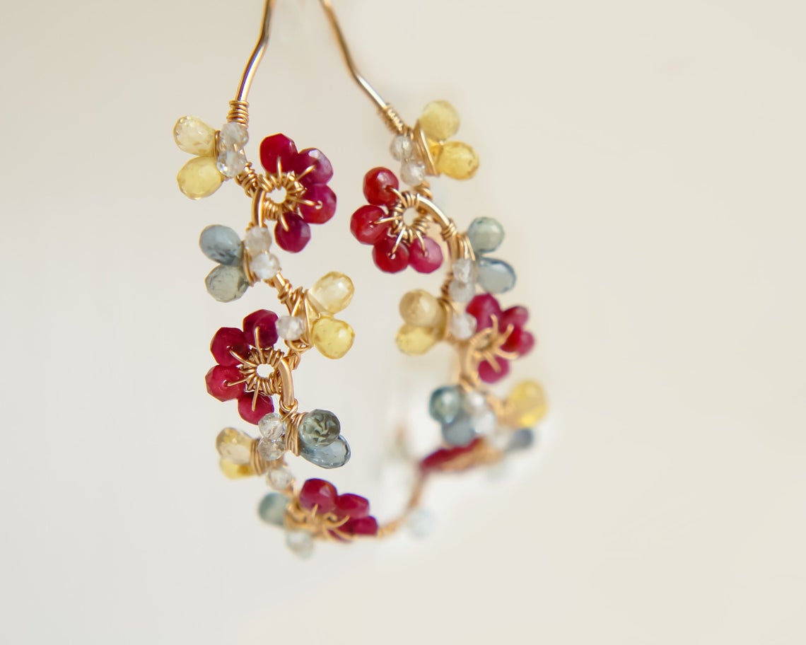 Genuine Ruby and Sapphire Handmade Hoop Earrings