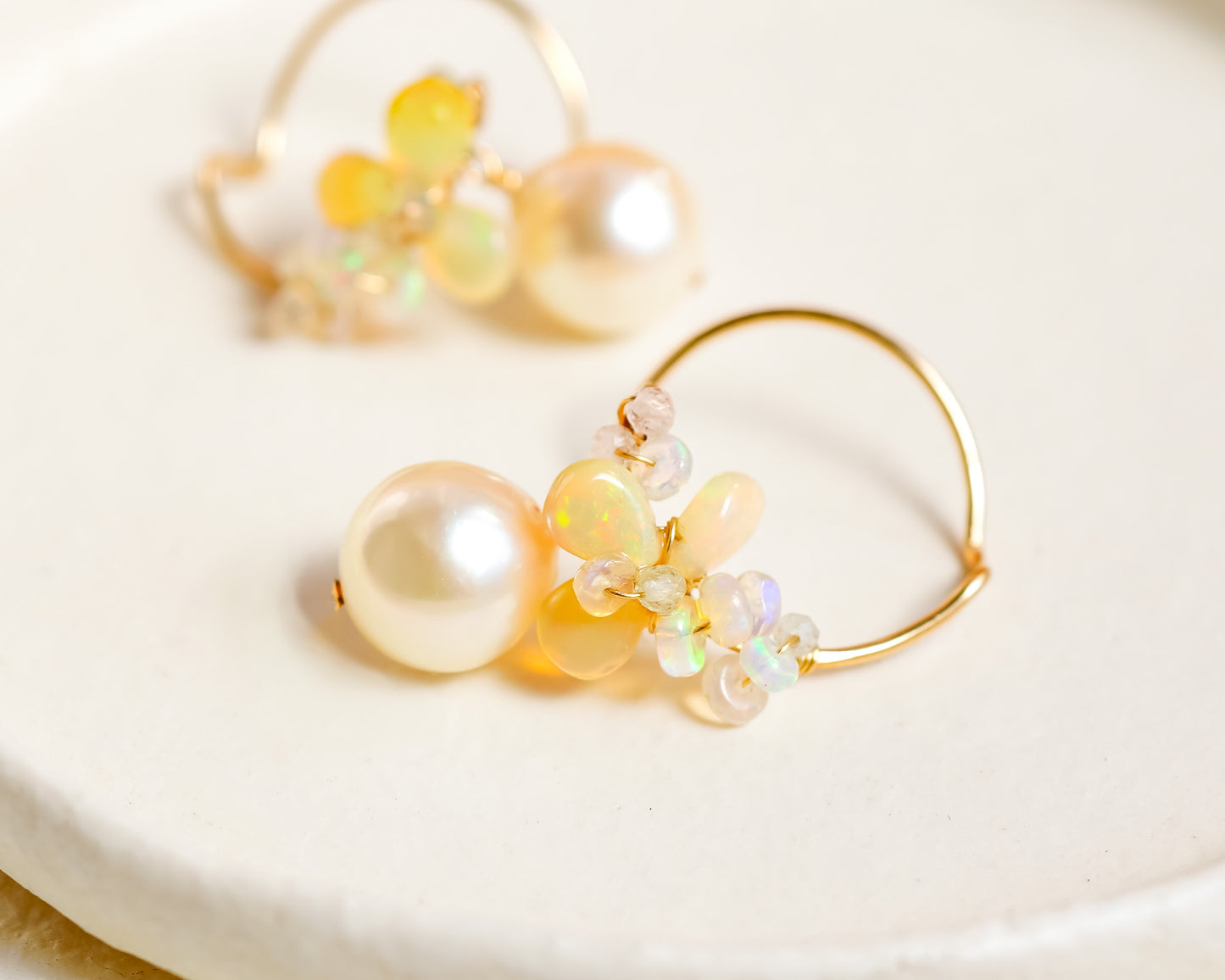 14K Gold Filled Fire Ethiopian Opal & Baroque Akoya Pearl Drop Earrings