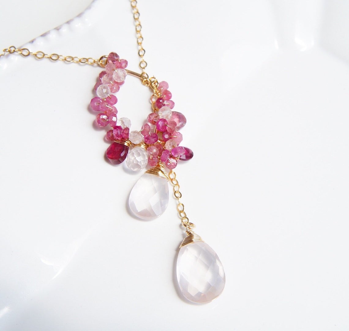 Pink tourmaline and Rose quartz Lariat Necklace in Gold filled