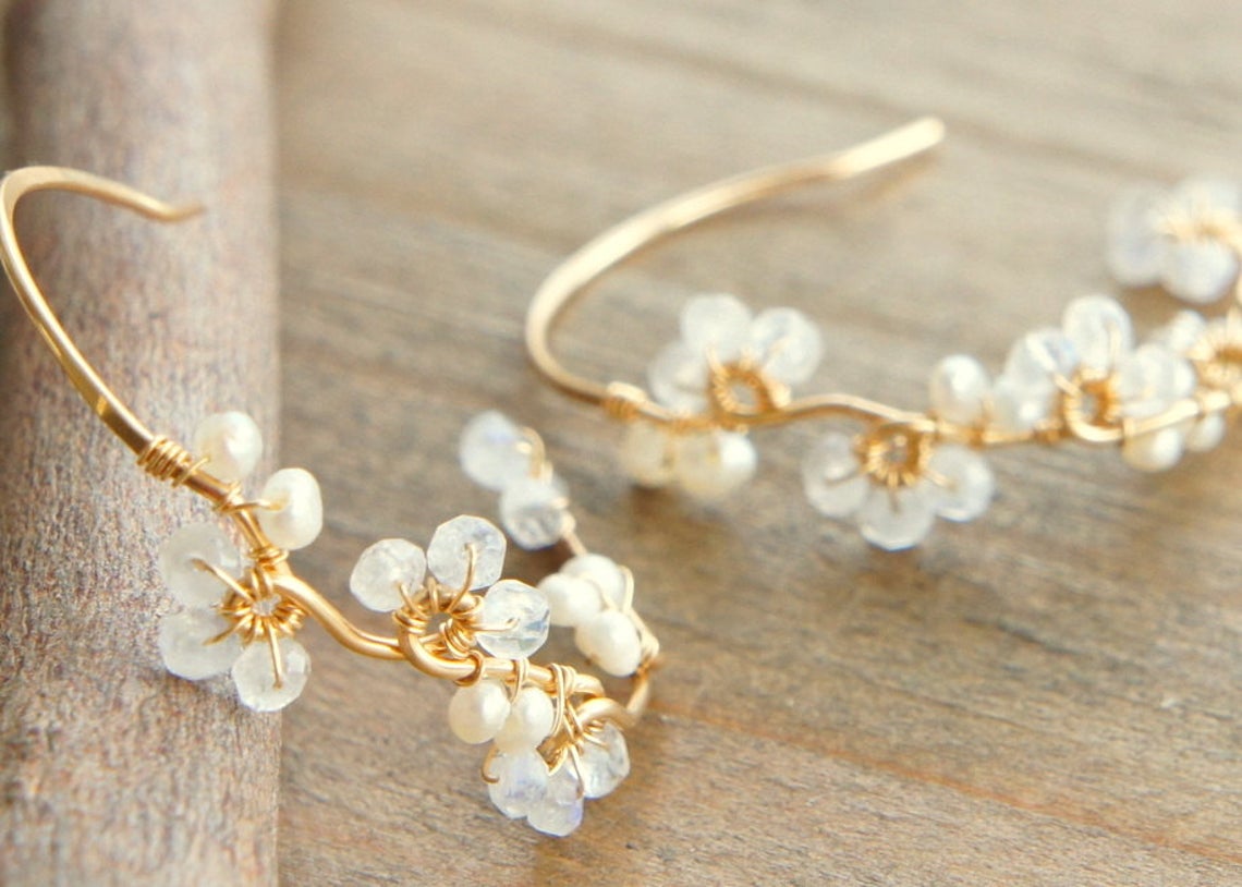 Moonstone and Pearl Vine Hoop Earrings