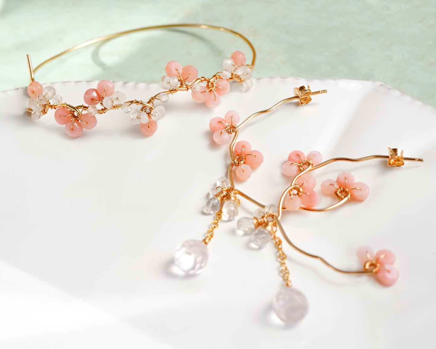 Pink Opal Floral Gold Wire Bangle