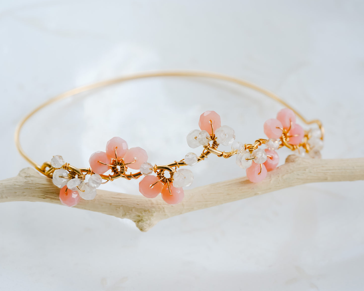 Pink Opal Floral Gold Wire Bangle