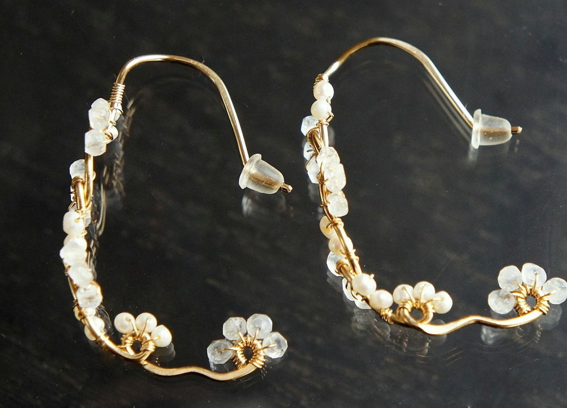 Moonstone and Pearl Vine Hoop Earrings