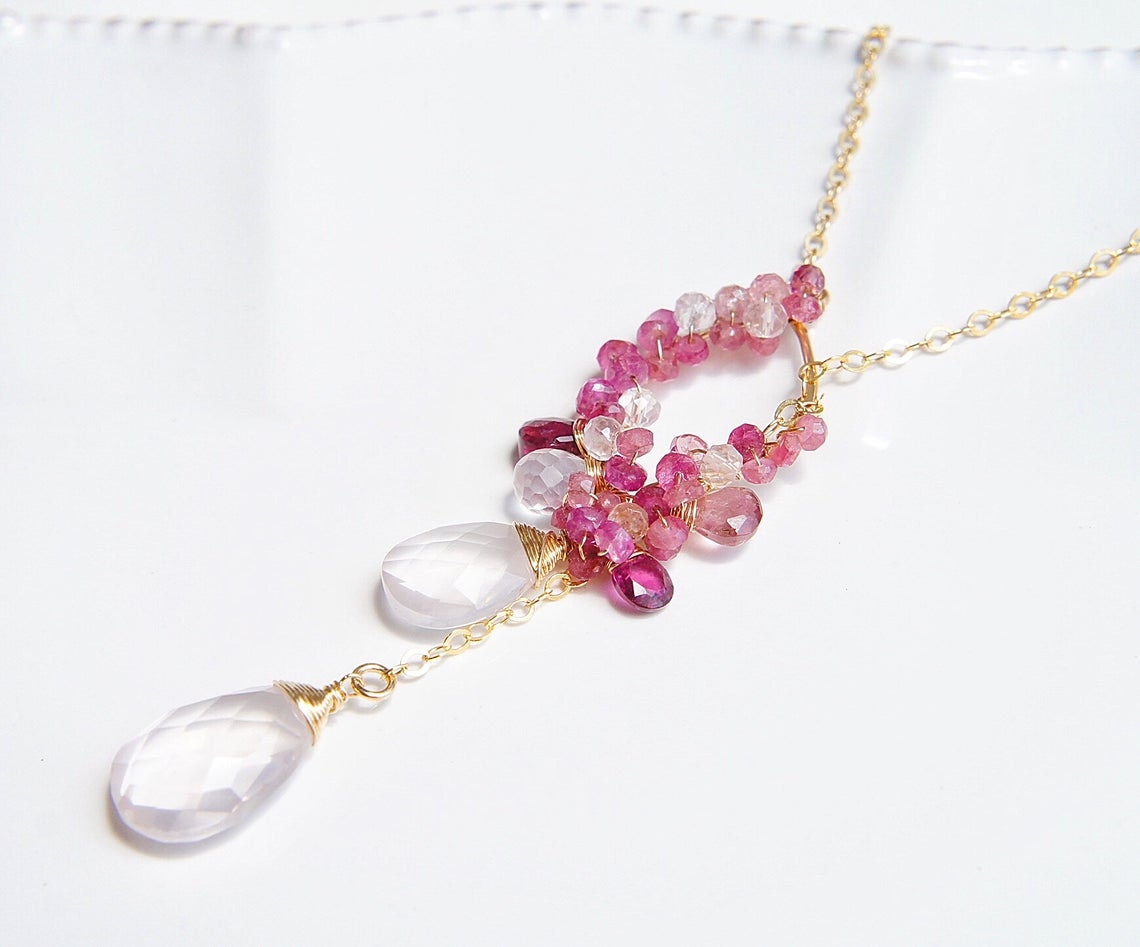 Pink tourmaline and Rose quartz Lariat Necklace in Gold filled