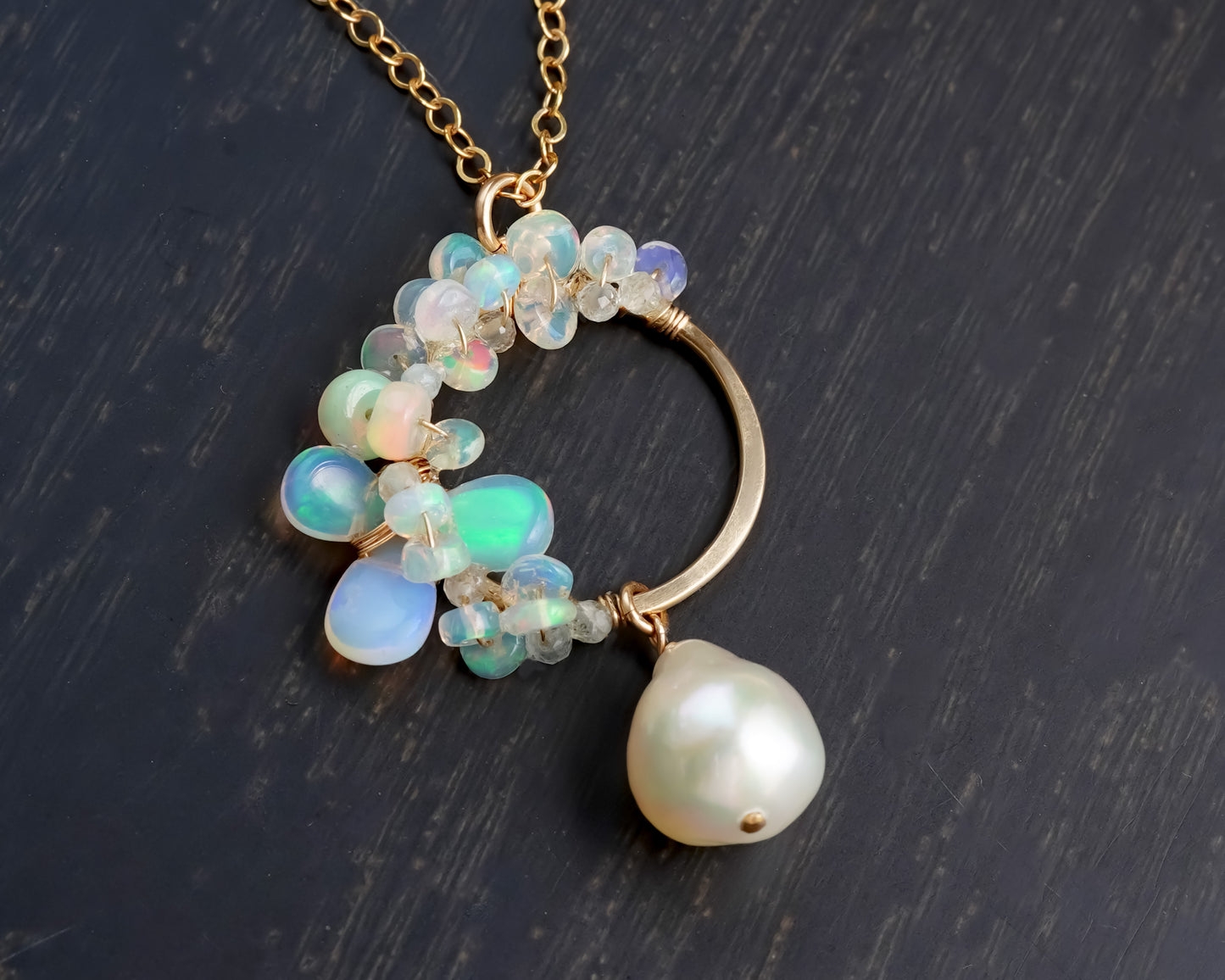 Ethiopian Opal and Japanese Akoya Pearl Pendant Necklace