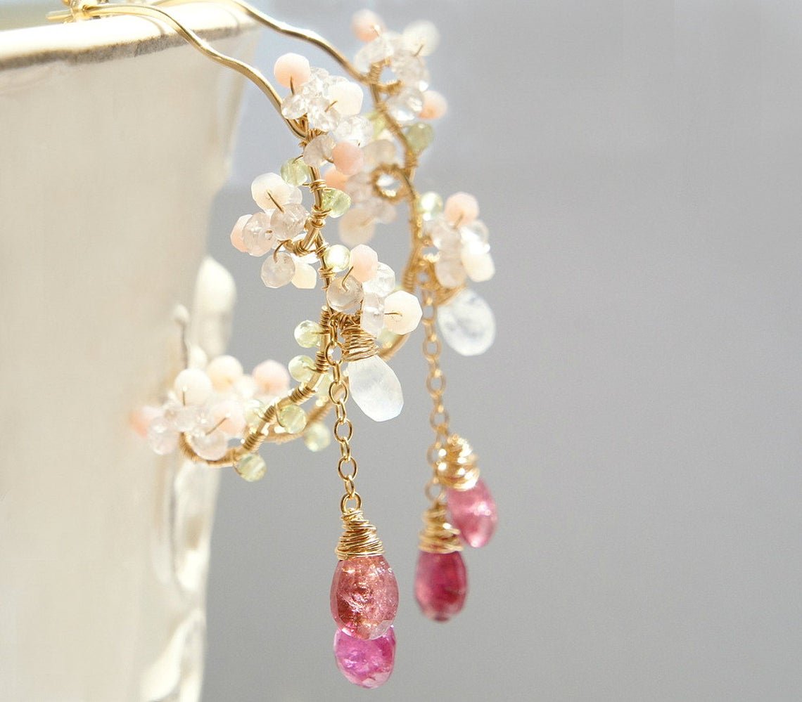 Inspired by Cherry Blossoms Chandelier Earrings in Gold filled