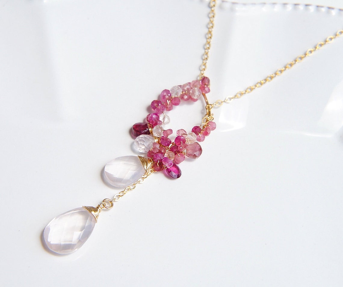 Pink tourmaline and Rose quartz Lariat Necklace in Gold filled