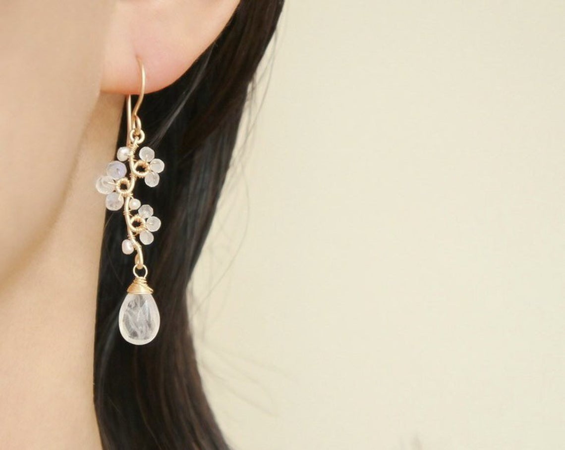 Rainbow Moonstone Teardrop Earrings for Boho Wedding