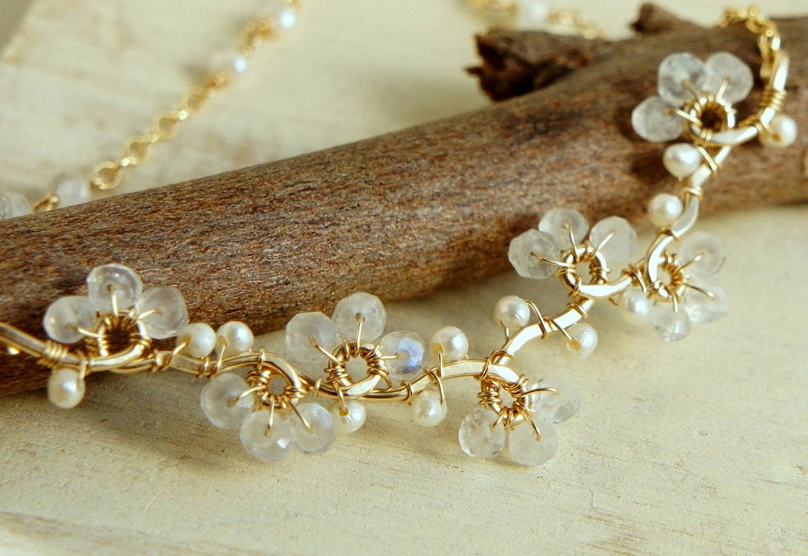 Moonstone and Pearl Vine Hoop Earrings