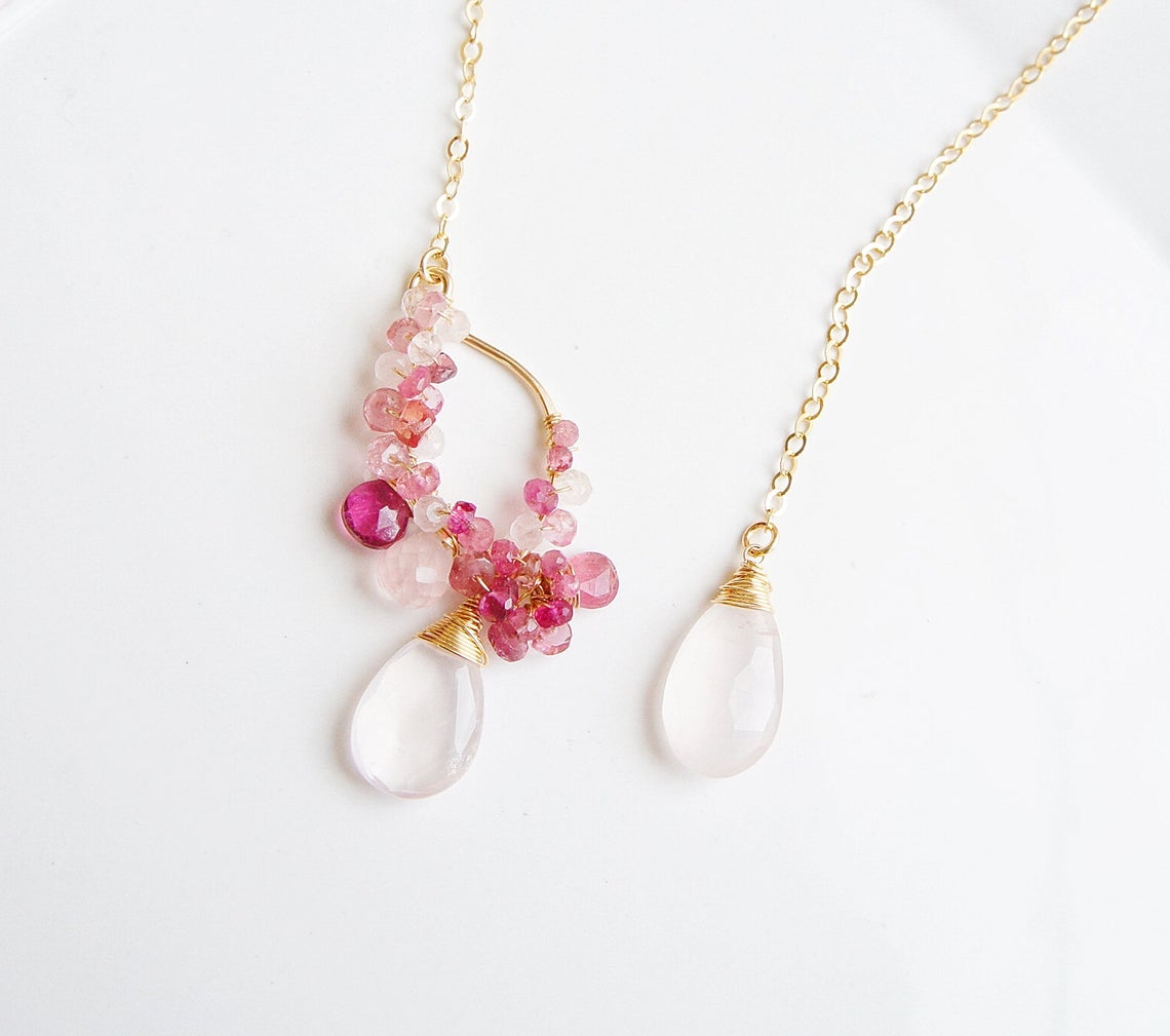 Pink tourmaline and Rose quartz Lariat Necklace in Gold filled