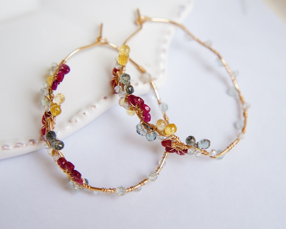 Genuine Ruby and Sapphire Handmade Hoop Earrings