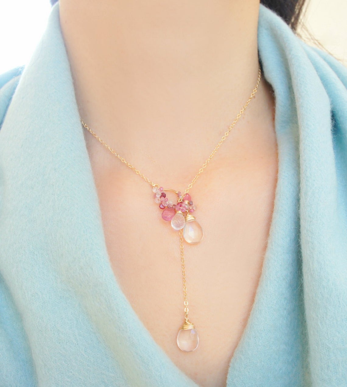 Pink tourmaline and Rose quartz Lariat Necklace in Gold filled