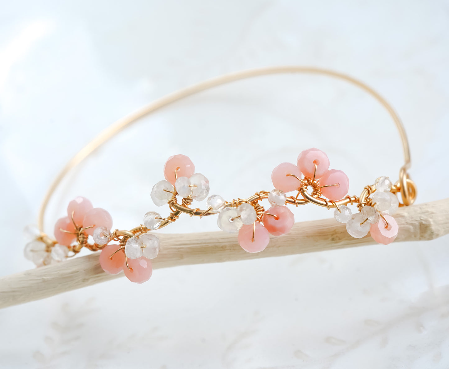 Pink Opal Floral Gold Wire Bangle