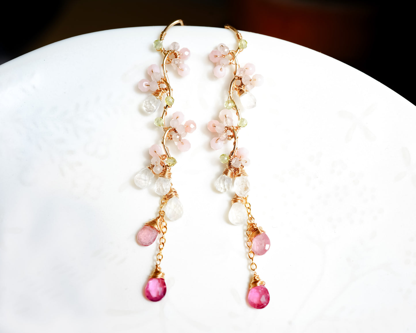 Pink Opal and Tourmaline Long Earrings in Gold filled