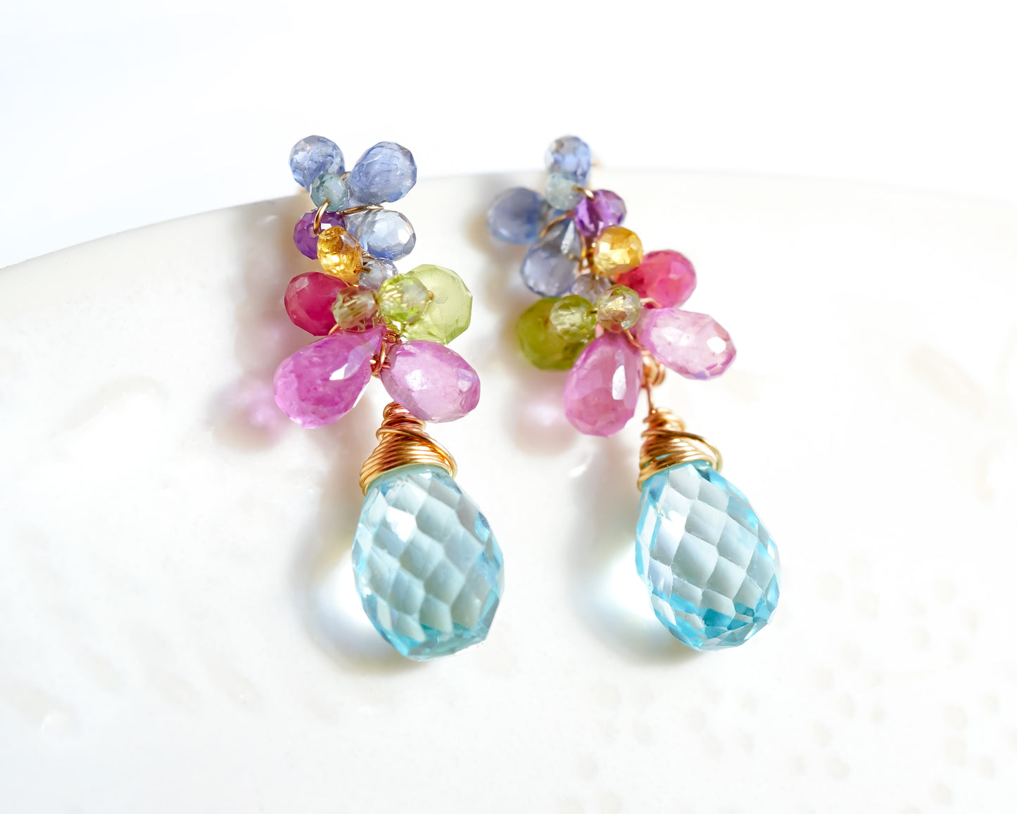 Sky blue topaz floral gold earrings