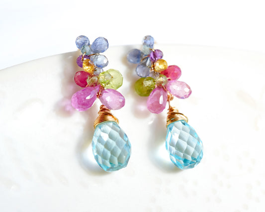 Sky blue topaz floral gold earrings