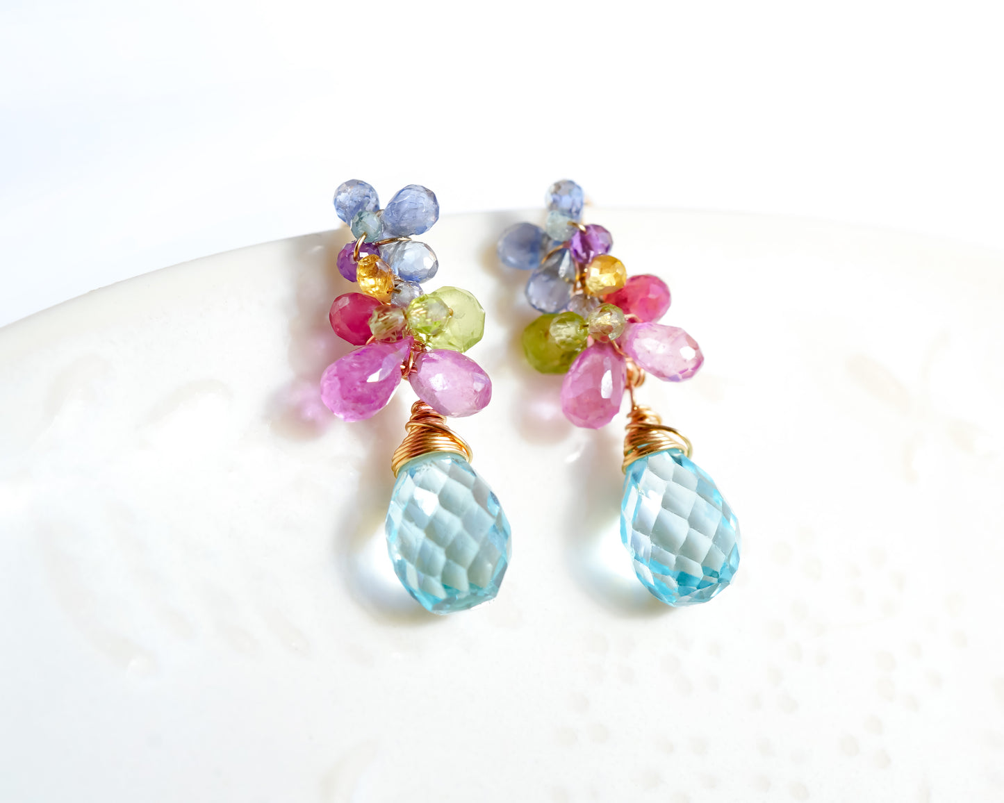 Sky blue topaz floral gold earrings