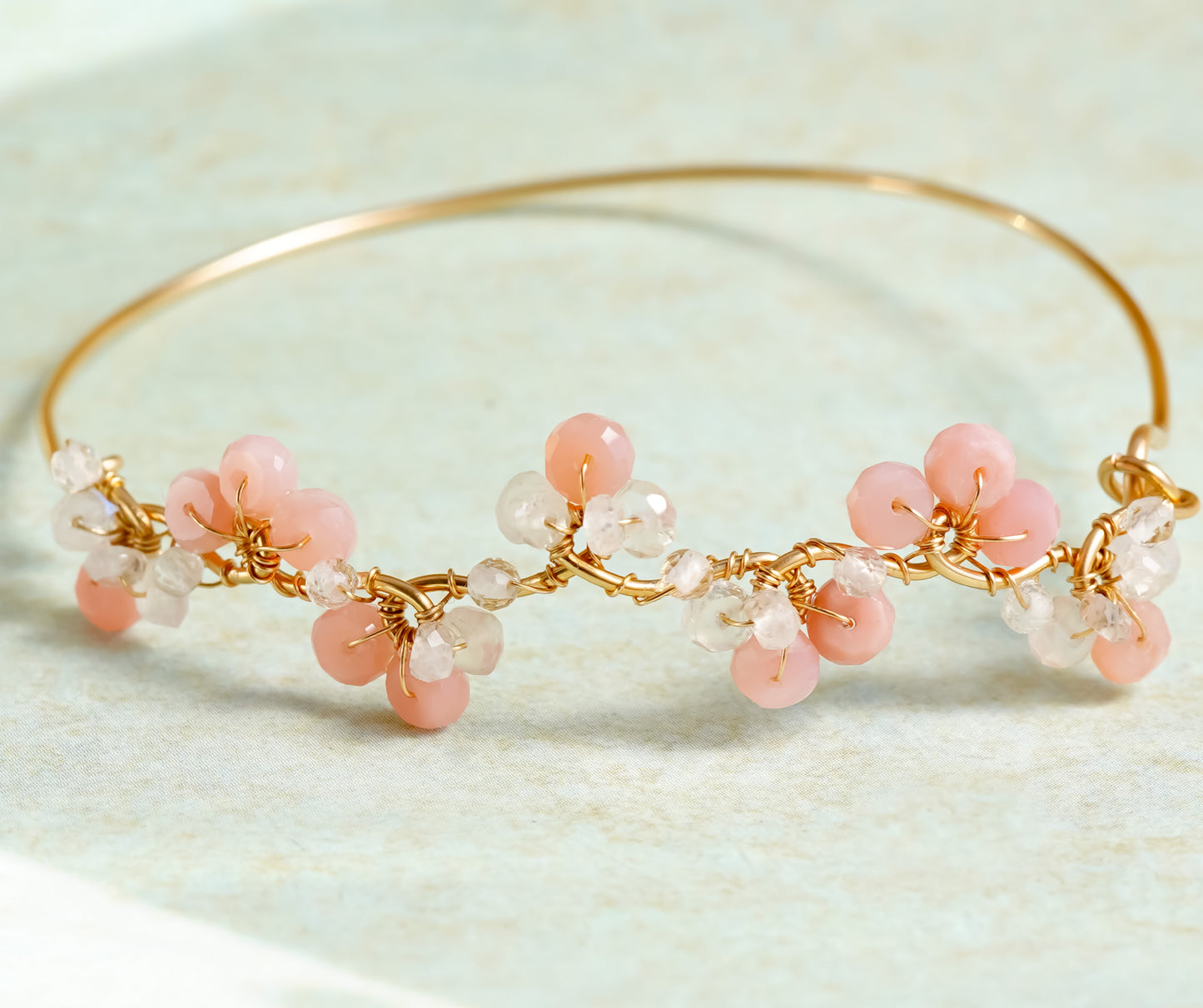 Pink Opal Floral Gold Wire Bangle