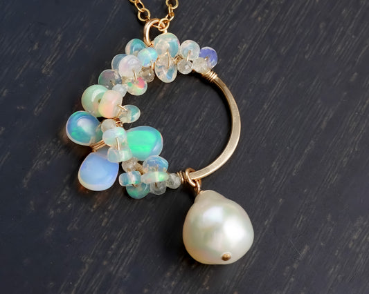 Ethiopian Opal and Japanese Akoya Pearl Pendant Necklace