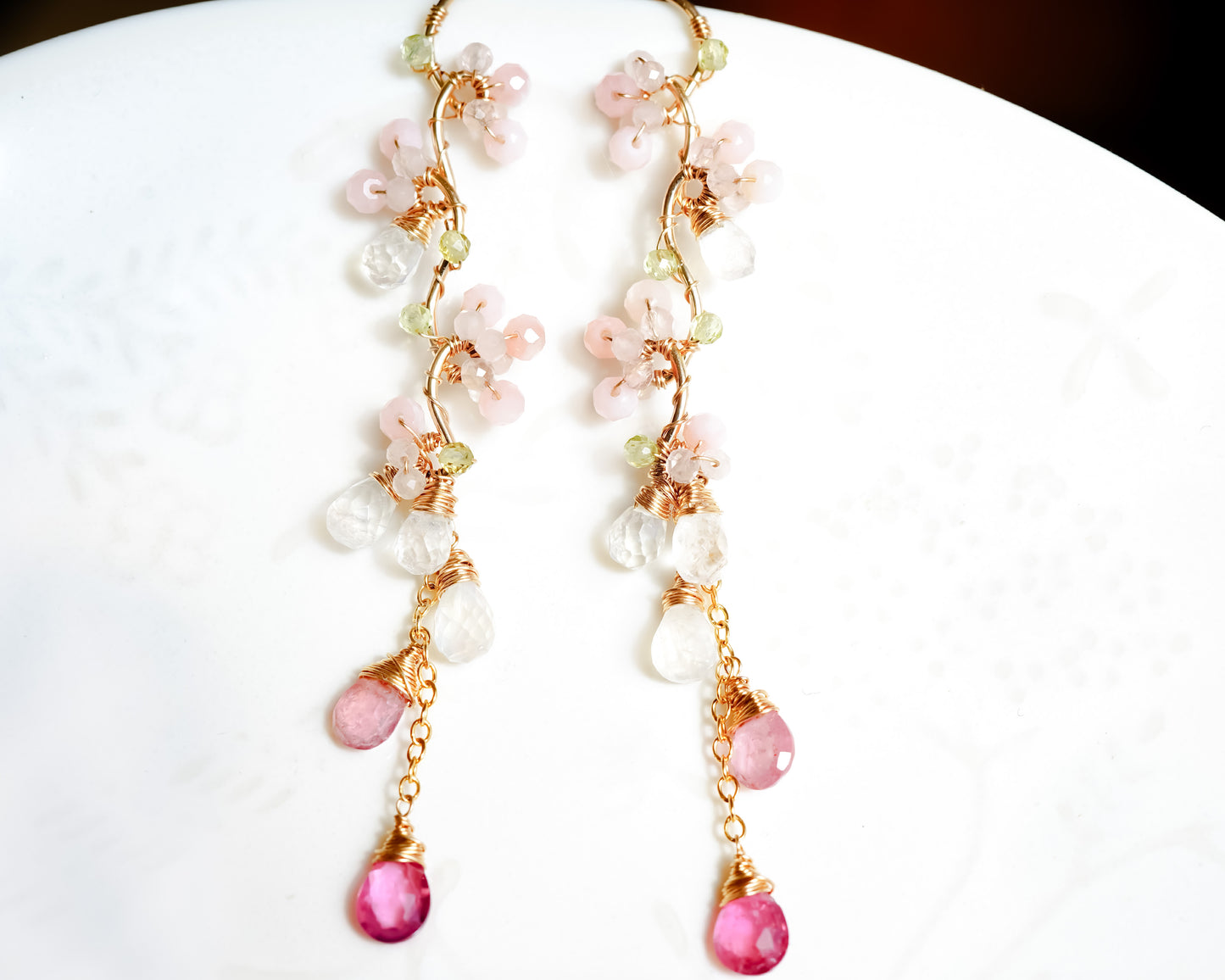 Pink Opal and Tourmaline Long Earrings in Gold filled