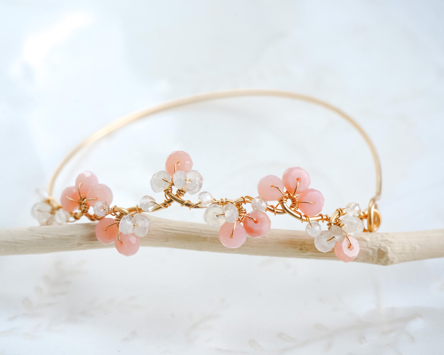 Pink Opal Floral Gold Wire Bangle