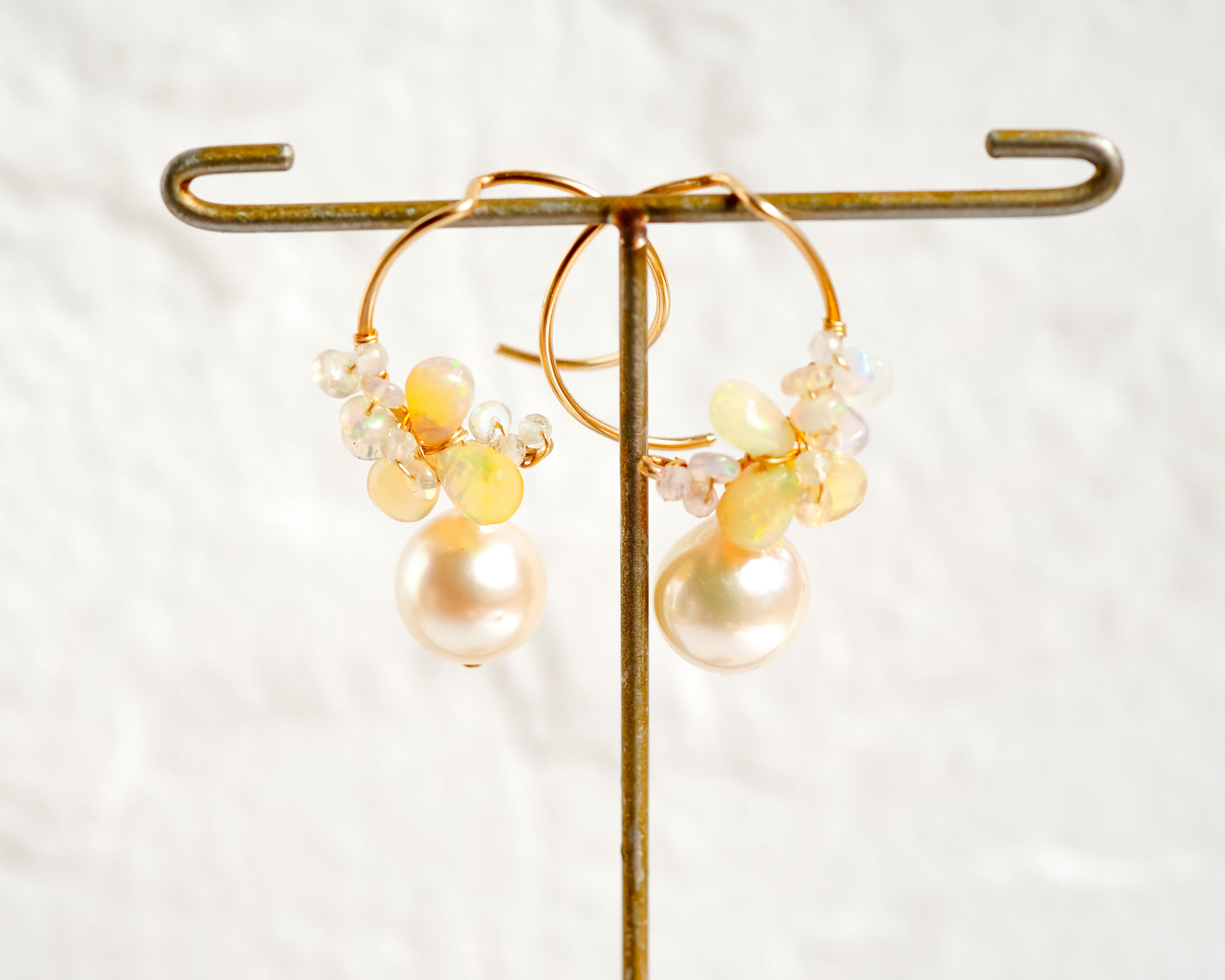 14K Gold Filled Fire Ethiopian Opal & Baroque Akoya Pearl Drop Earrings